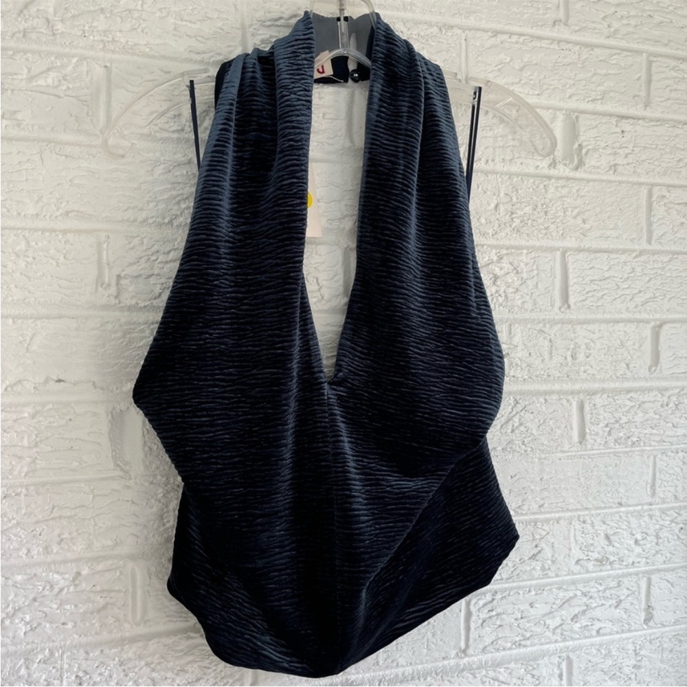 DOLAN Velvet Ribbed Blue cropped deep V halter